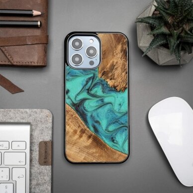Telefono Dėklas Bewood Resin Case - iPhone 15 Pro Max - Žydras Rudas Medinis KOW068 1