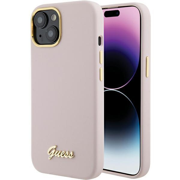Telefono Dėklas Guess Silicone Script Metal Logo & Frame case for iPhone 15 Rožinis KOW068 Telefono Dėklas Guess Silicone Script Metal Logo & Frame case for iPhone 15 Rožinis KOW068