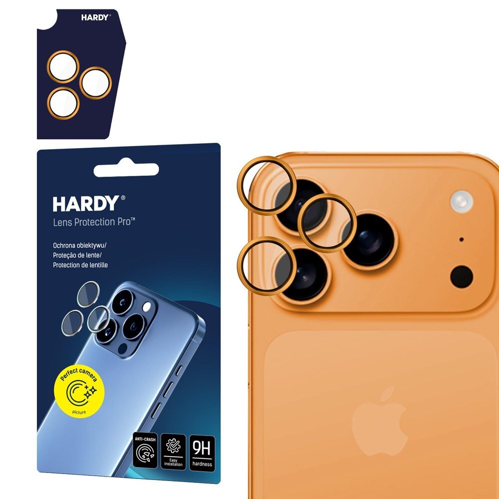iPhone 17 Pro / 17 Pro Max 3mk HARDY Lens Protection Pro kameros stiklas – oranžinis iPhone 17 Pro / 17 Pro Max 3mk HARDY Lens Protection Pro kameros stiklas – oranžinis