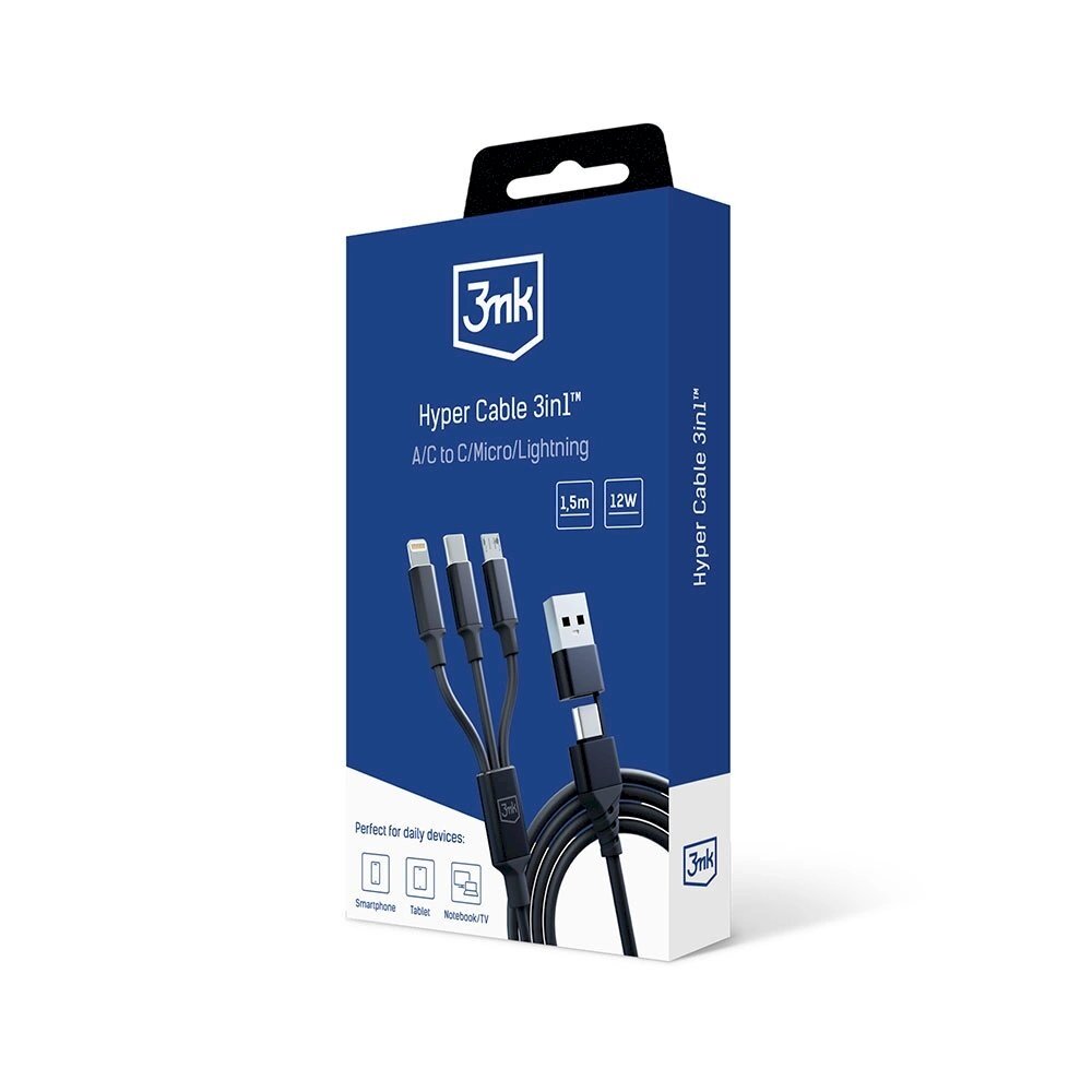 3mk Hyper Kabelis 3in1 USB-A - USB-C / USB-C - micro USB - Lightning 1.5m - Juodas 10 3mk Hyper Kabelis 3in1 USB-A - USB-C / USB-C - micro USB - Lightning 1.5m - Juodas 10