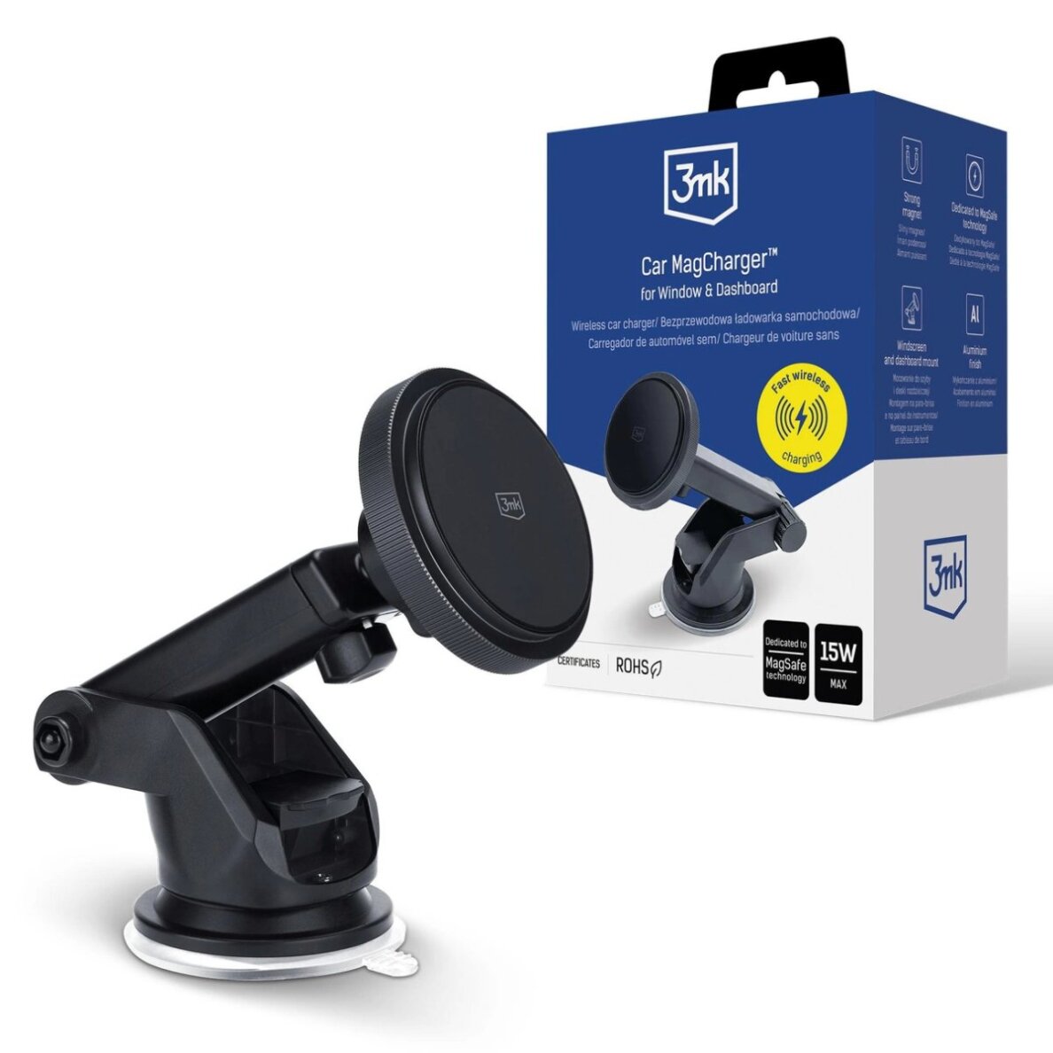 Automobilinis laikiklis 3mk Car MagCharger prie stiklo ir prietaisų skydelio