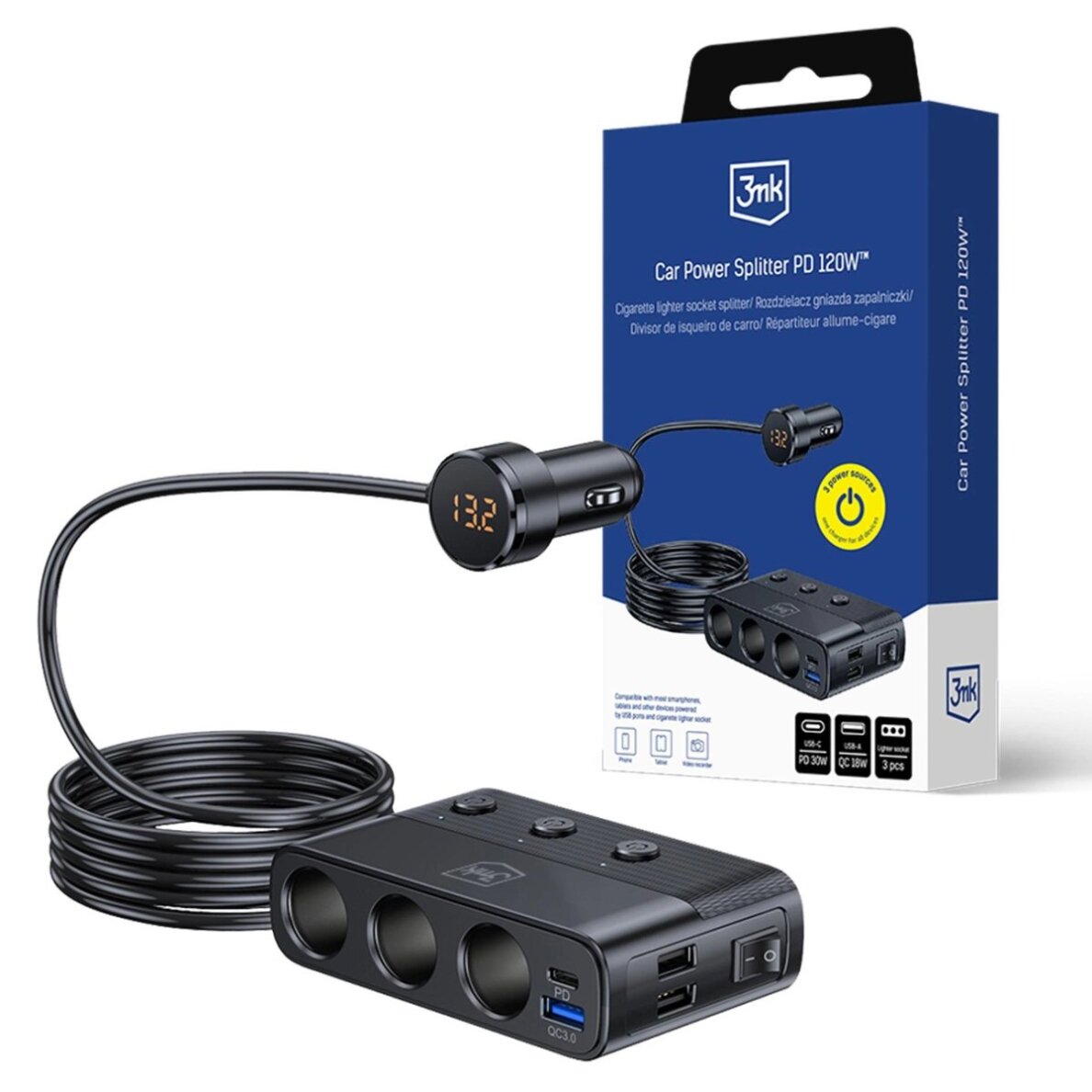 Automobilinis įkroviklis 3mk Car Power Splitter PD 120W™ QC PPS UCB-C USB-A 7 įrenginiams – juodas Automobilinis įkroviklis 3mk Car Power Splitter PD 120W™ QC PPS UCB-C USB-A 7 įrenginiams – juodas