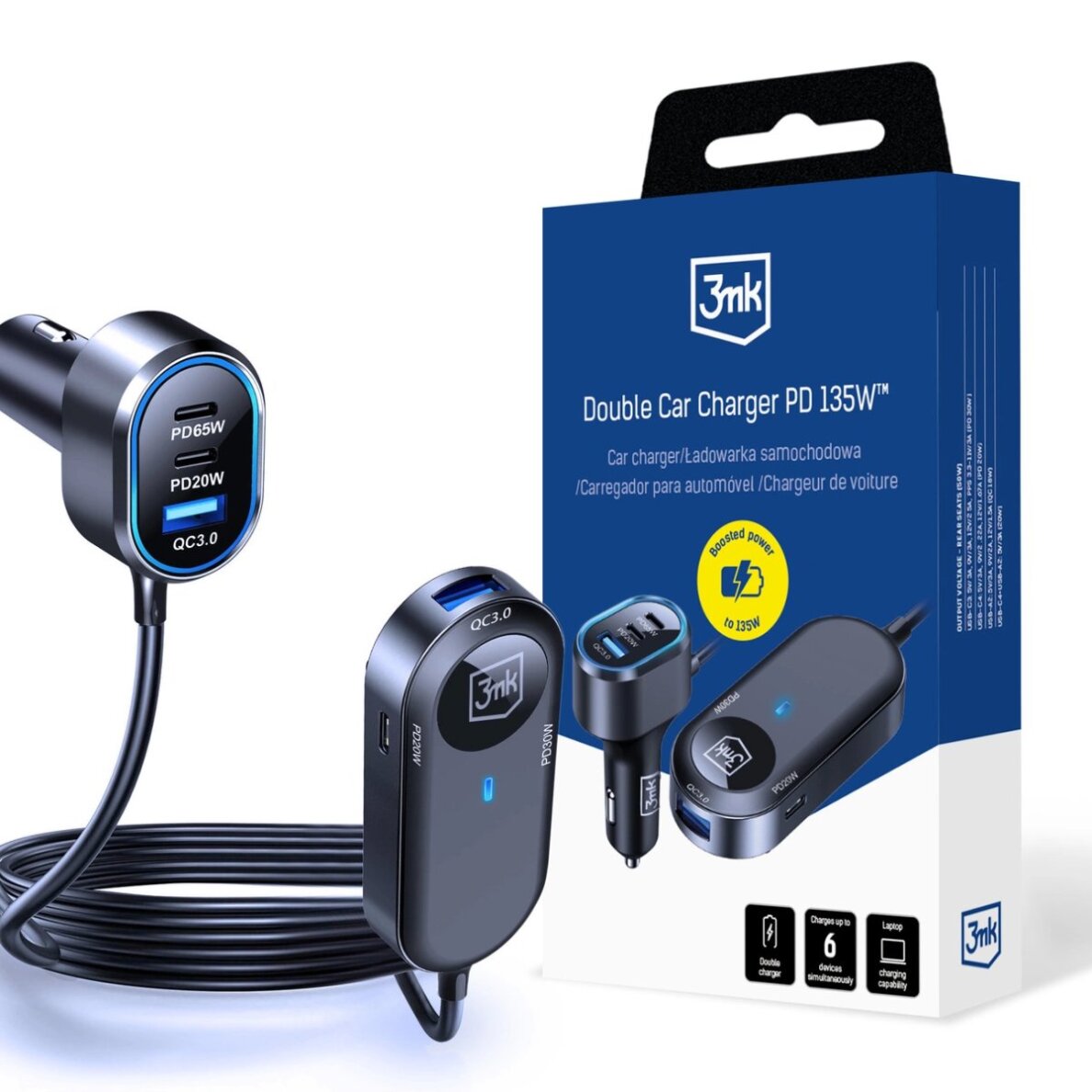 Automobilinis įkroviklis 3mk Double Car Charger 135W PD QC PPS USB-C USB-A – juodas