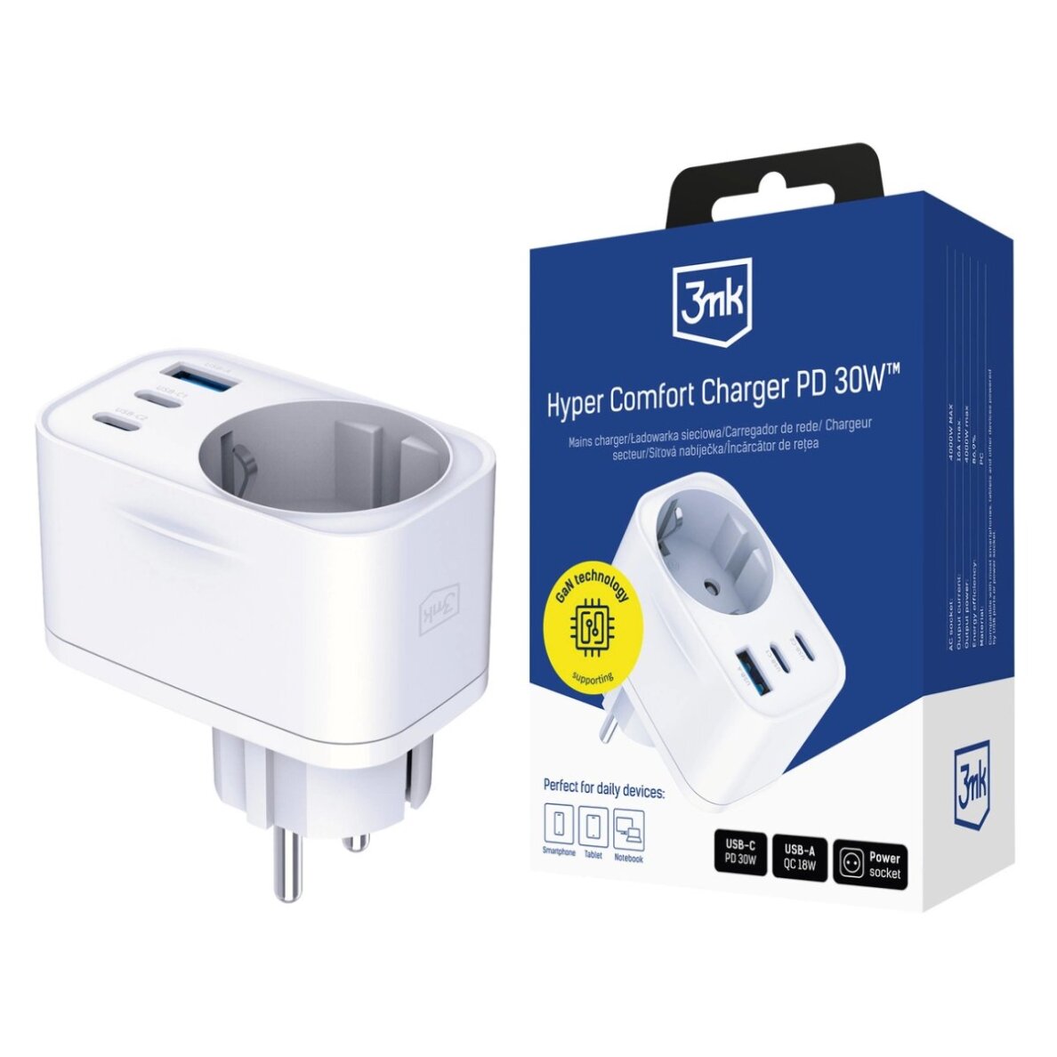 Sieninis įkroviklis 3mk Hyper Comfort Charger GaN PD 30W™ – baltas Sieninis įkroviklis 3mk Hyper Comfort Charger GaN PD 30W™ – baltas
