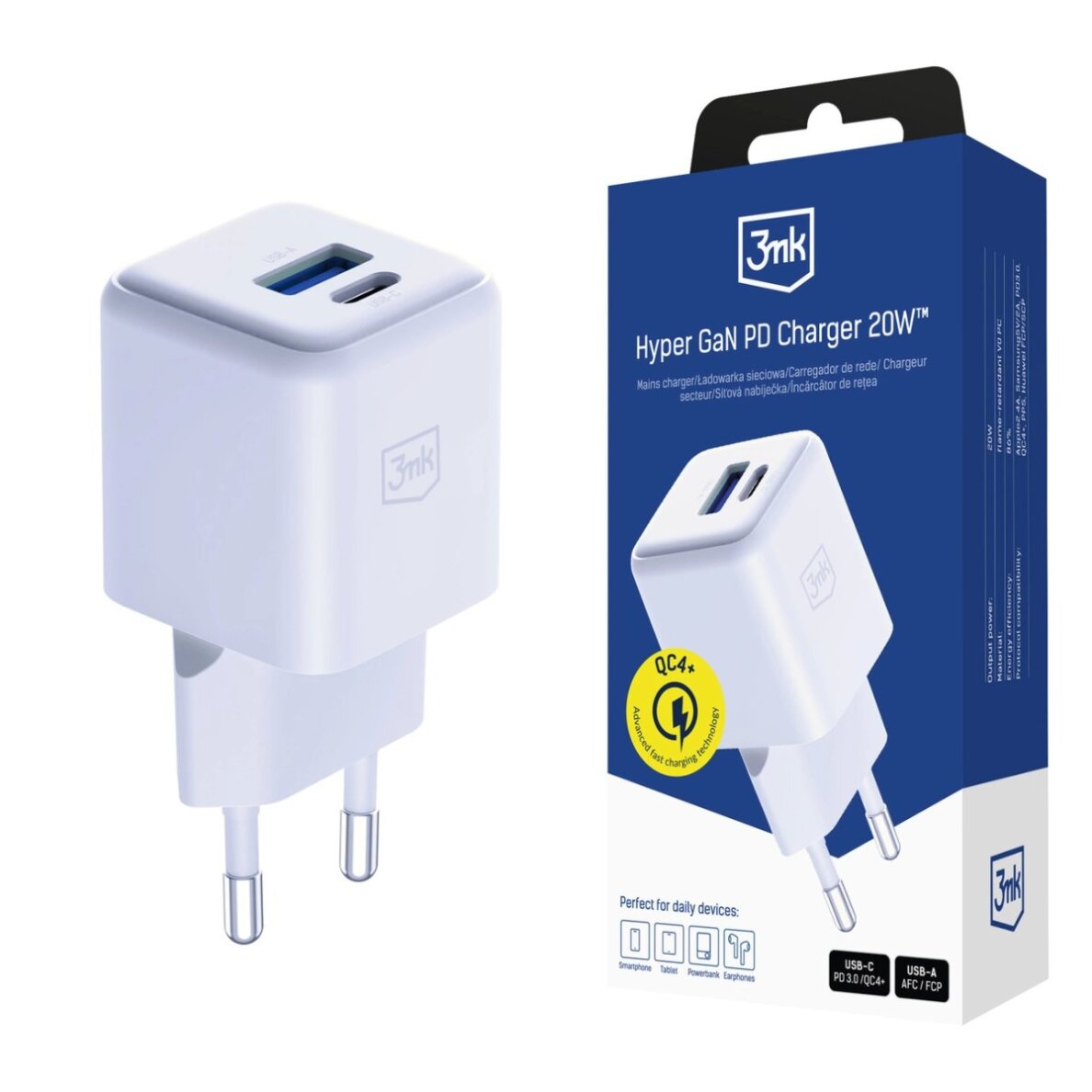 Sieninis įkroviklis 3mk Hyper GaN Charger 20W QC4+ PD PPS USB-C USB-A – baltas Sieninis įkroviklis 3mk Hyper GaN Charger 20W QC4+ PD PPS USB-C USB-A – baltas