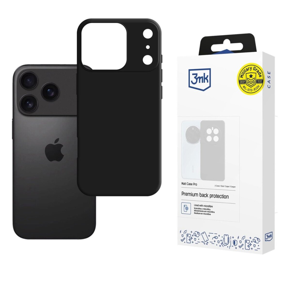 iPhone 17 Pro dėklas 3mk Matt Case Pro – matinės juodos spalvos