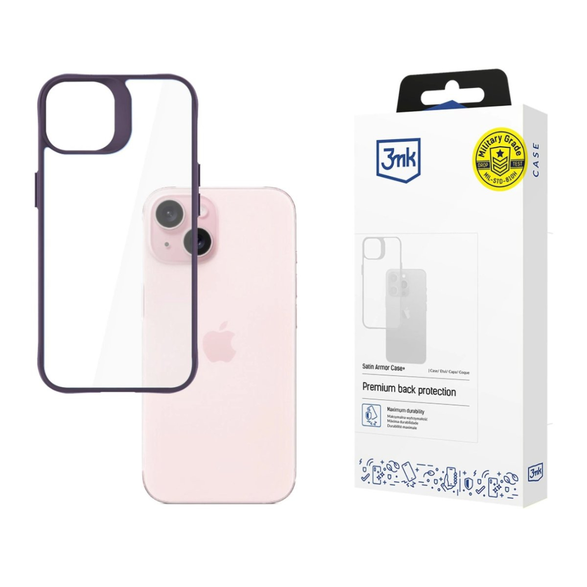 Dėklas 3mk Satin Armor Case+ Purple Apple iPhone 15 - Permatomas Dėklas 3mk Satin Armor Case+ Purple Apple iPhone 15 - Permatomas