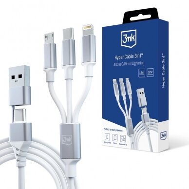 3mk Hyper Kabelis 3in1 USB-A - USB-C / USB-C - micro USB - Lightning 1.5m - Baltas 3mk Hyper Kabelis 3in1 USB-A - USB-C / USB-C - micro USB - Lightning 1.5m - Baltas
