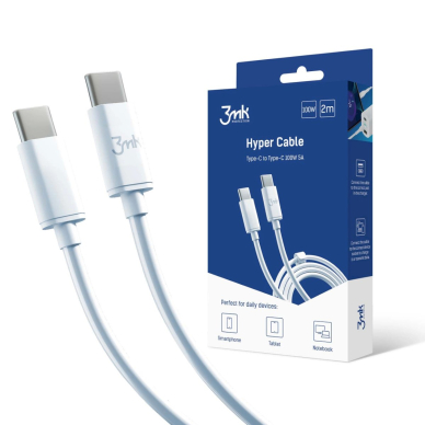 3mk Hyper Kabelis USB-C / USB-C 100W 2m - Baltas 3mk Hyper Kabelis USB-C / USB-C 100W 2m - Baltas