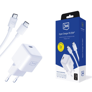 3mk Hyper Charger PD GaN 25W sieninis įkroviklis su USB-C kabeliu – baltas