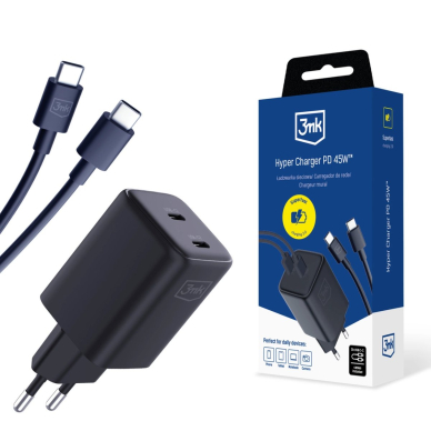 3mk Hyper Charger PD GaN 45W sieninis įkroviklis su USB-C kabeliu – juodas