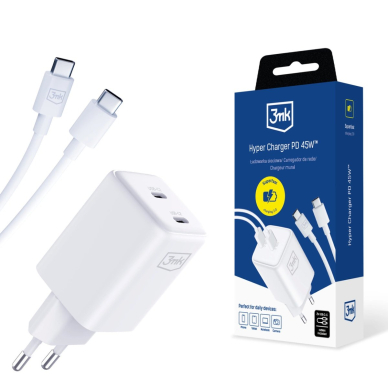 3mk Hyper Charger PD GaN 45W sieninis įkroviklis su USB-C kabeliu – baltas