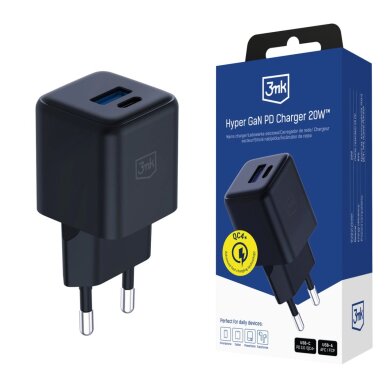 Sieninis įkroviklis 3mk Hyper GaN Charger 20W QC4+ PD PPS USB-C USB-A – juodas Sieninis įkroviklis 3mk Hyper GaN Charger 20W QC4+ PD PPS USB-C USB-A – juodas