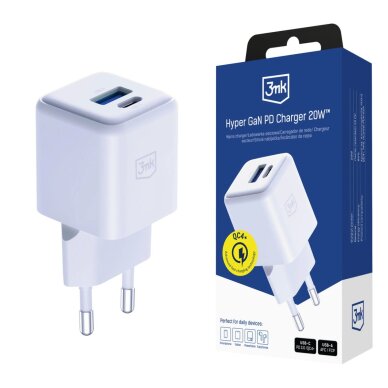 Sieninis įkroviklis 3mk Hyper GaN Charger 20W QC4+ PD PPS USB-C USB-A – baltas Sieninis įkroviklis 3mk Hyper GaN Charger 20W QC4+ PD PPS USB-C USB-A – baltas