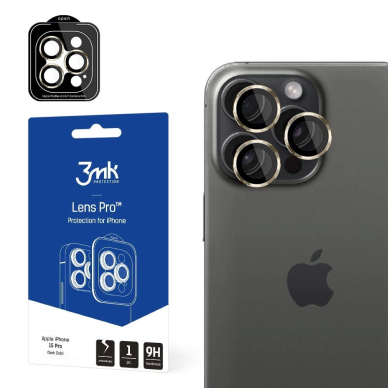 iPhone 15 Pro 3mk Lens Protection Pro kameros dangtelis su auksiniu rėmeliu