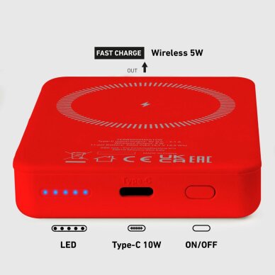 Belaidė magnetinė išorinė baterija 5000 mAh – raudona 8