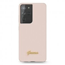 Dėklas Guess GUHCS21LLSLMGLP Silicone Script Metal Logo Samsung Galaxy S21 Ultra telefonui rožinis NDRX65
