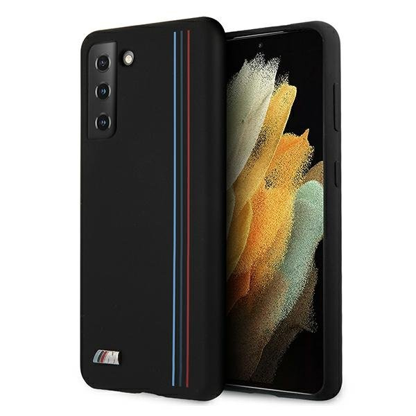 Akcija! Dėklas BMW BMHCS21MSIVTBK Silicone Stripes M Collection Samsung Galaxy S21 Plus telefonui juodas