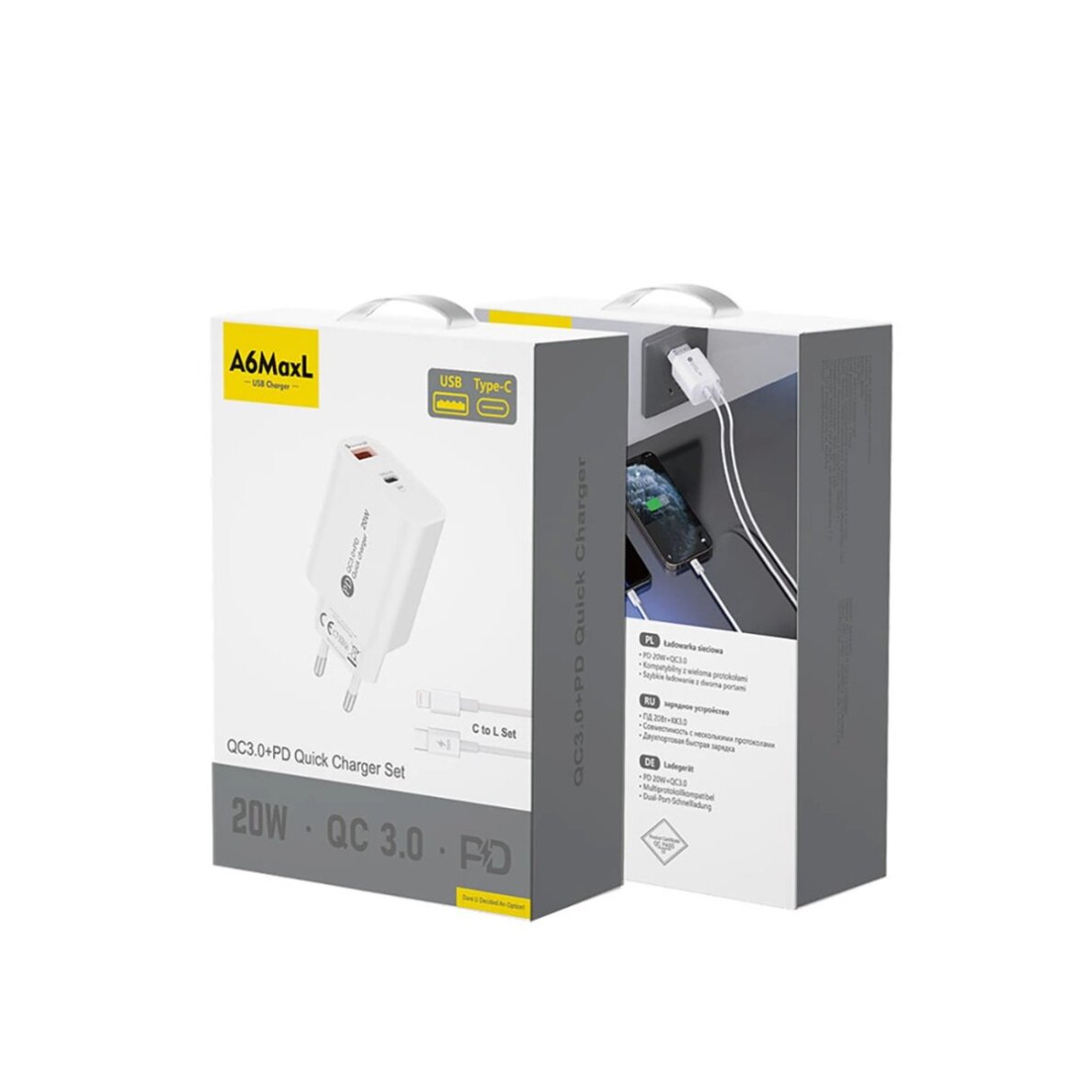 Sieninis įkroviklis A6MaxL 20 W USB-A / USB-C su 1 m USB-C – Lightning kabeliu – baltas 2 Sieninis įkroviklis A6MaxL 20 W USB-A / USB-C su 1 m USB-C – Lightning kabeliu – baltas 2