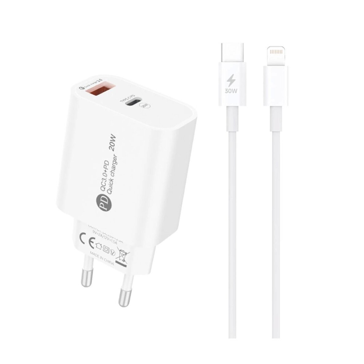 Sieninis įkroviklis A6MaxL 20 W USB-A / USB-C su 1 m USB-C – Lightning kabeliu – baltas