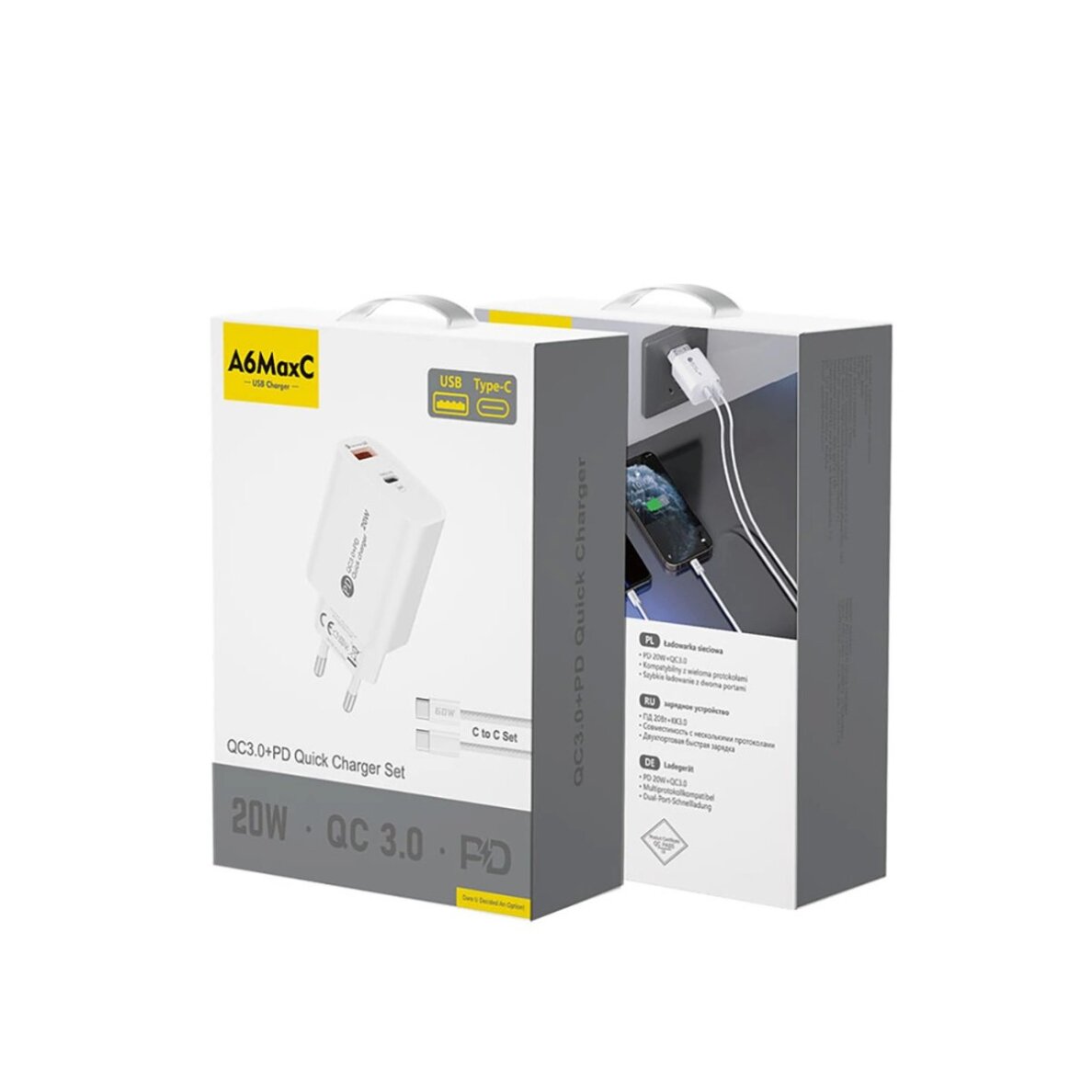 Sieninis įkroviklis A6MaxL 20 W USB-A / USB-C su 1 m USB-C – USB-C kabeliu – baltas 2