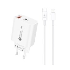 Sieninis įkroviklis A6MaxL 20 W USB-A / USB-C su 1 m USB-C – Lightning kabeliu – baltas