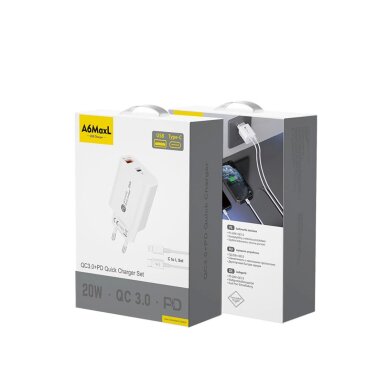Sieninis įkroviklis A6MaxL 20 W USB-A / USB-C su 1 m USB-C – Lightning kabeliu – baltas 2