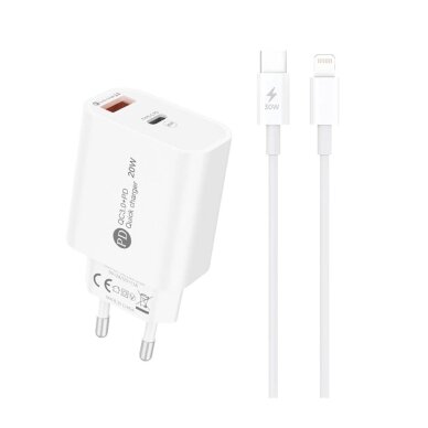 Sieninis įkroviklis A6MaxL 20 W USB-A / USB-C su 1 m USB-C – Lightning kabeliu – baltas Sieninis įkroviklis A6MaxL 20 W USB-A / USB-C su 1 m USB-C – Lightning kabeliu – baltas