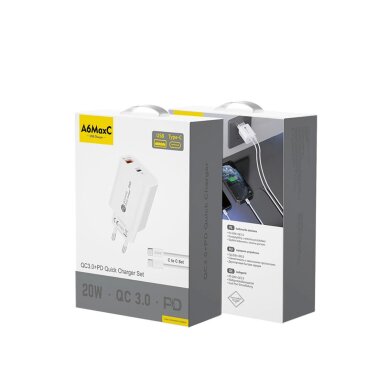 Sieninis įkroviklis A6MaxL 20 W USB-A / USB-C su 1 m USB-C – USB-C kabeliu – baltas 2 Sieninis įkroviklis A6MaxL 20 W USB-A / USB-C su 1 m USB-C – USB-C kabeliu – baltas 2
