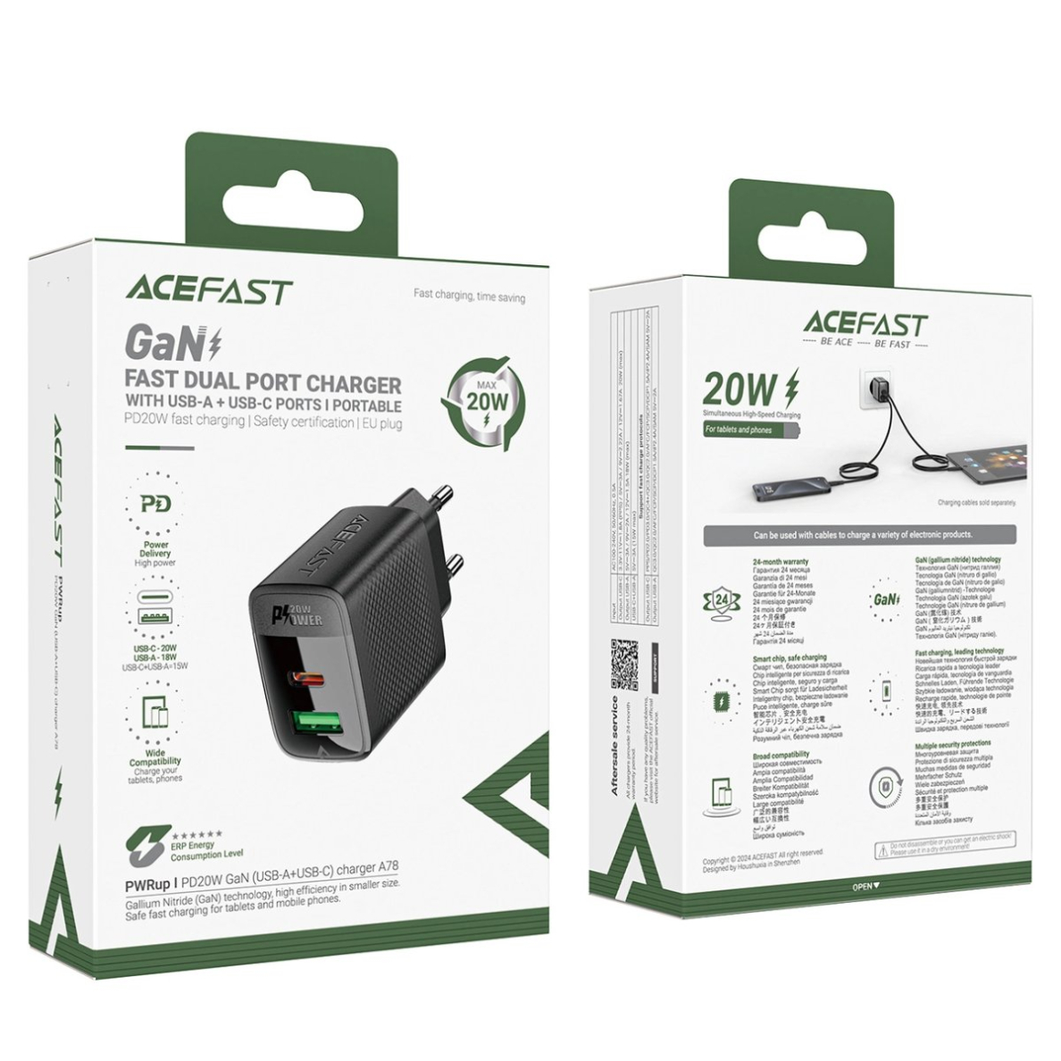 Acefast A78 GaN USB-A / USB-C PD 20W tinklo įkroviklis – juodas 4