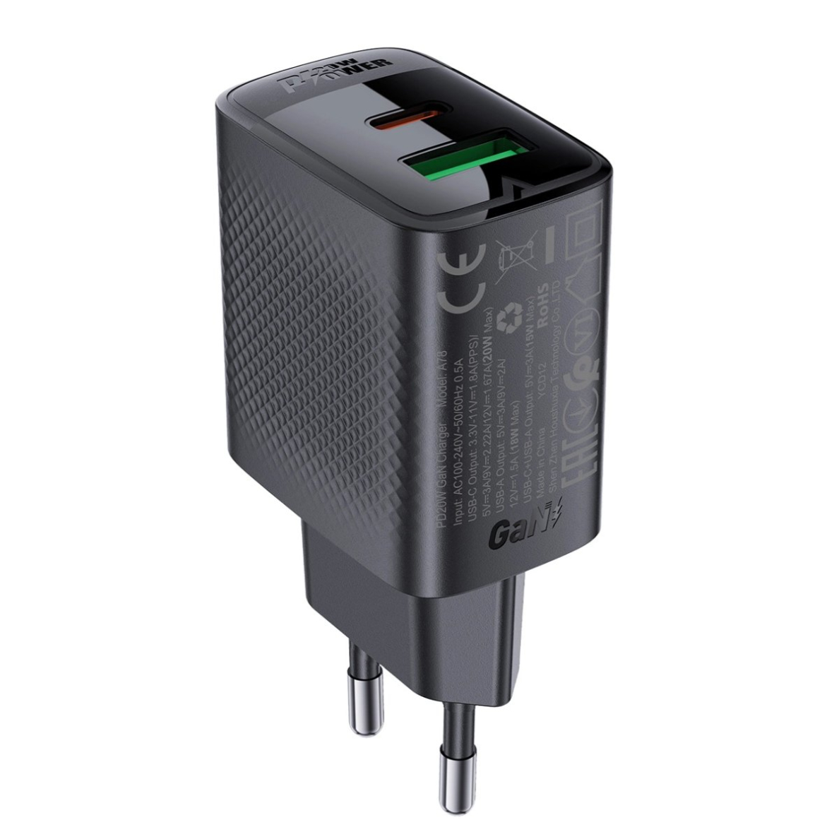 Acefast A78 GaN USB-A / USB-C PD 20W tinklo įkroviklis – juodas Acefast A78 GaN USB-A / USB-C PD 20W tinklo įkroviklis – juodas