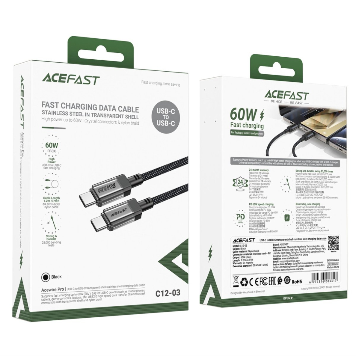 Acefast C12 USB-C / USB-C PD kabelis 60W 480Mb/s, nailoninis – juodas 6 Acefast C12 USB-C / USB-C PD kabelis 60W 480Mb/s, nailoninis – juodas 6