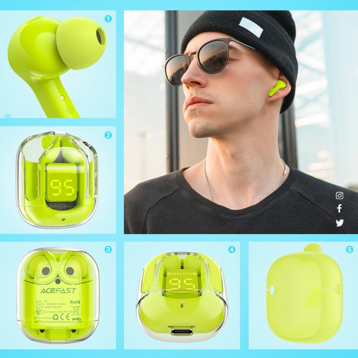 Ausinės Acefast in -ear wireless headphones TWS Bluetooth Žalios (T6 youth green) 3 Ausinės Acefast in -ear wireless headphones TWS Bluetooth Žalios (T6 youth green) 3