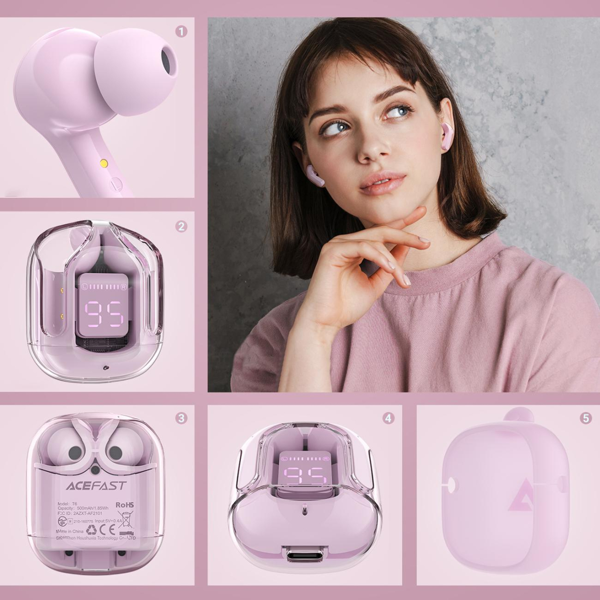 Ausinės Acefast in -ear wireless headphones TWS Bluetooth Rožinės (T6 pink lotus) 2 Ausinės Acefast in -ear wireless headphones TWS Bluetooth Rožinės (T6 pink lotus) 2