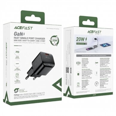 Acefast A73 Mini PD 20W GaN USB-C wall Įkroviklis - Juodas 5 Acefast A73 Mini PD 20W GaN USB-C wall Įkroviklis - Juodas 5