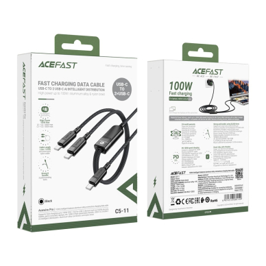 Acefast C5 USB-C / USB-C + USB-C 2in1 kabelis 100W 480Mb/s – juodas 4