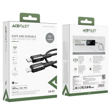 Kabelis Acefast MFI USB Type C - Lightning 1,8m, 30W, 3A Juodas (C4-01 C) 4