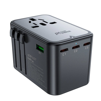 Acefast Z1 GaN 75W PD kelioninis įkroviklis, adapteris 3x USB-C + 2x USB-A – juodas 1