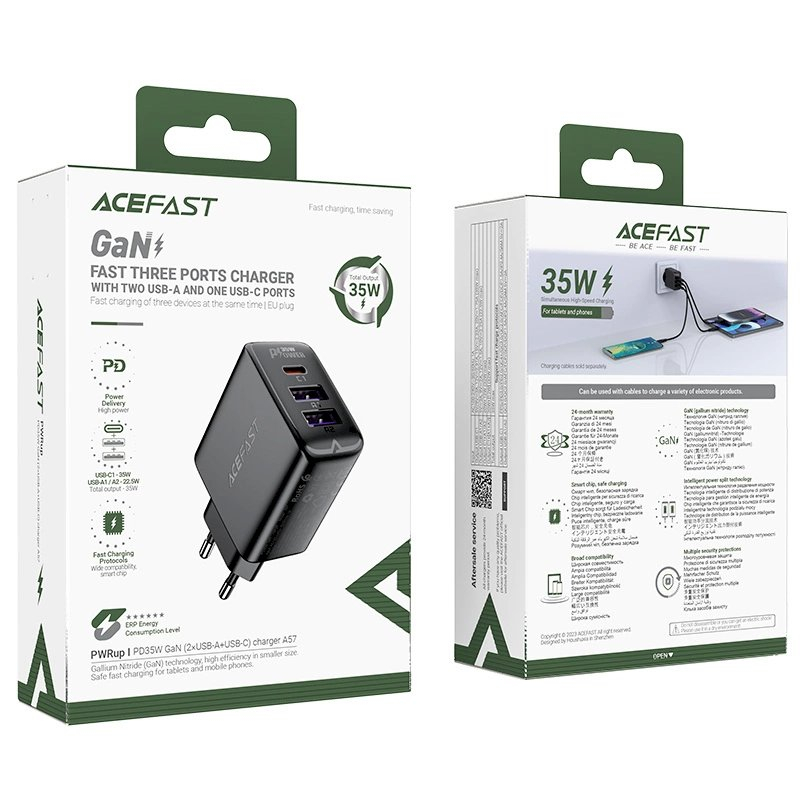 Acefast A57 PD 35W GaN Įkroviklis 2 x USB-A + USB-C 3 ports - Juodas 6 Acefast A57 PD 35W GaN Įkroviklis 2 x USB-A + USB-C 3 ports - Juodas 6