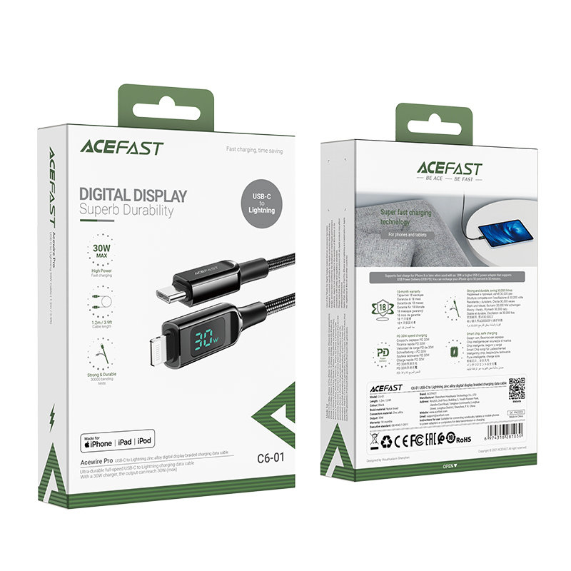Kabelis Acefast MFI USB Type C - Lightning 1.2m, 30W, 3A Juodas (C6-01) 4 Kabelis Acefast MFI USB Type C - Lightning 1.2m, 30W, 3A Juodas (C6-01) 4