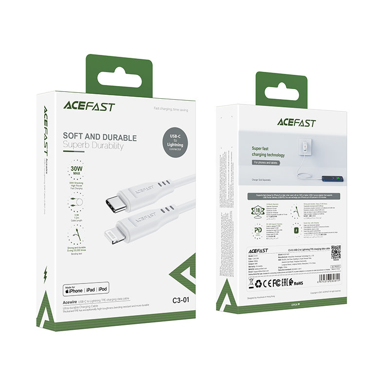 Acefast cable MFI USB Type C - Lightning 1.2m, 30W, 3A Baltas (C3-01 white) 4