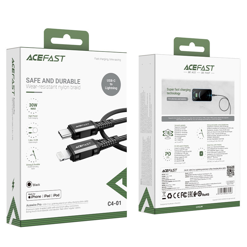 Kabelis Acefast MFI USB Type C - Lightning 1,8m, 30W, 3A Juodas (C4-01 C) 4 Kabelis Acefast MFI USB Type C - Lightning 1,8m, 30W, 3A Juodas (C4-01 C) 4