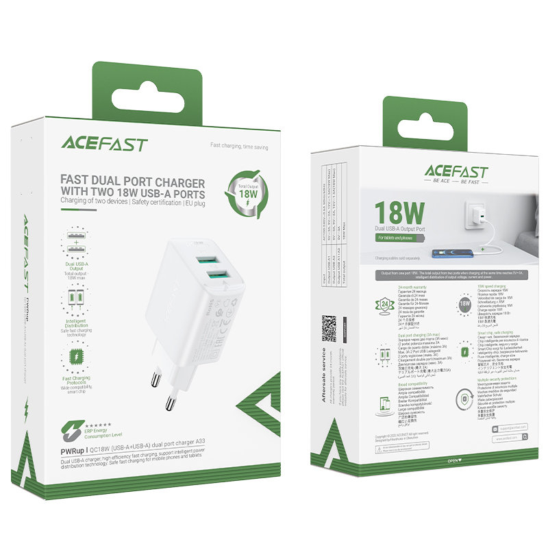 Acefast charger 2x USB 18W QC 3.0, AFC, FCP Baltas (A33 white) 4 Acefast charger 2x USB 18W QC 3.0, AFC, FCP Baltas (A33 white) 4