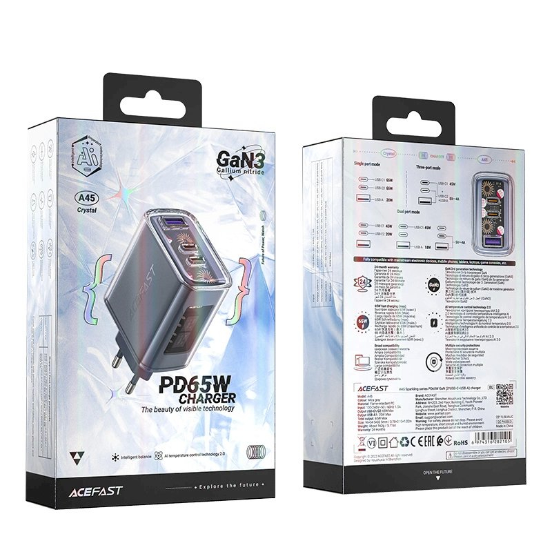 Acefast charger GaN 65W 3 ports (1xUSB, 2xUSB C) gray (A45) 5 Acefast charger GaN 65W 3 ports (1xUSB, 2xUSB C) gray (A45) 5
