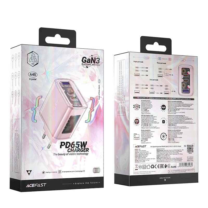 Acefast charger GaN 65W 3 ports (1xUSB, 2xUSB C) pink (A45) 5 Acefast charger GaN 65W 3 ports (1xUSB, 2xUSB C) pink (A45) 5