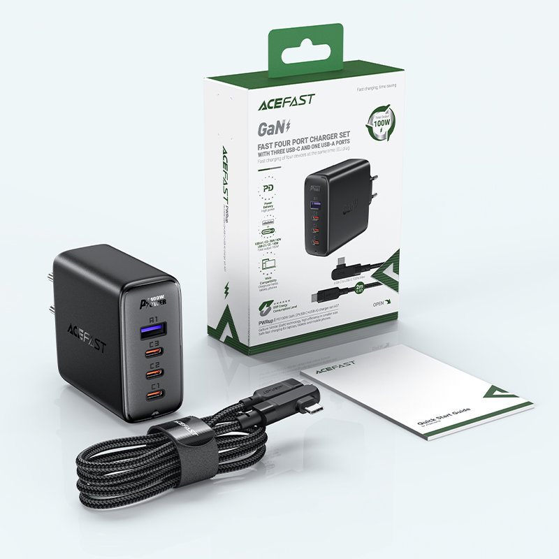 Acefast fast charger GaN 3xUSB-C/1xUSB-A 100W Juodas+ angled cable USB-C - USB-C 100W 2m Juodas 6 Acefast fast charger GaN 3xUSB-C/1xUSB-A 100W Juodas+ angled cable USB-C - USB-C 100W 2m Juodas 6
