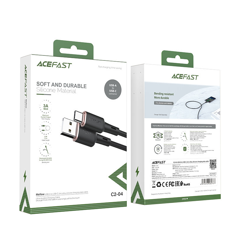 Kabelis Acefast USB - Type C 1.2m, 3A Juodas (C2-04) 4 Kabelis Acefast USB - Type C 1.2m, 3A Juodas (C2-04) 4