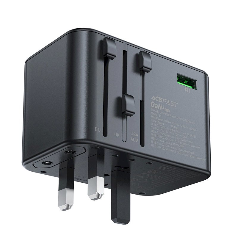 Acefast Z1 GaN 75W PD kelioninis įkroviklis, adapteris 3x USB-C + 2x USB-A – juodas 5