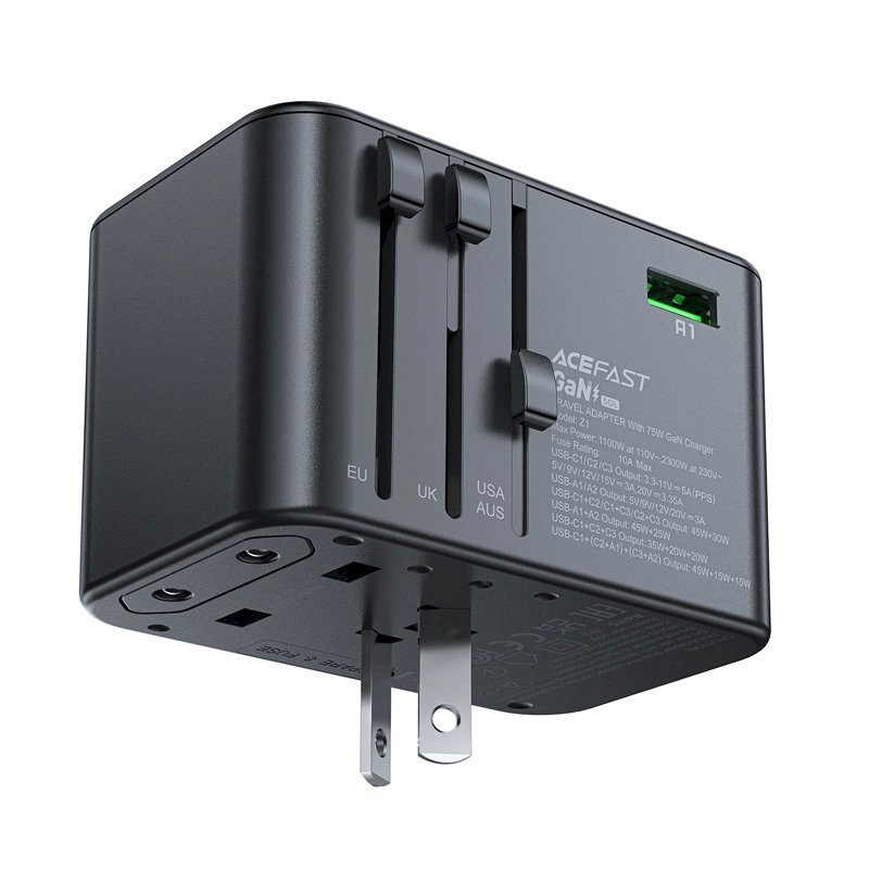Acefast Z1 GaN 75W PD kelioninis įkroviklis, adapteris 3x USB-C + 2x USB-A – juodas 6 Acefast Z1 GaN 75W PD kelioninis įkroviklis, adapteris 3x USB-C + 2x USB-A – juodas 6