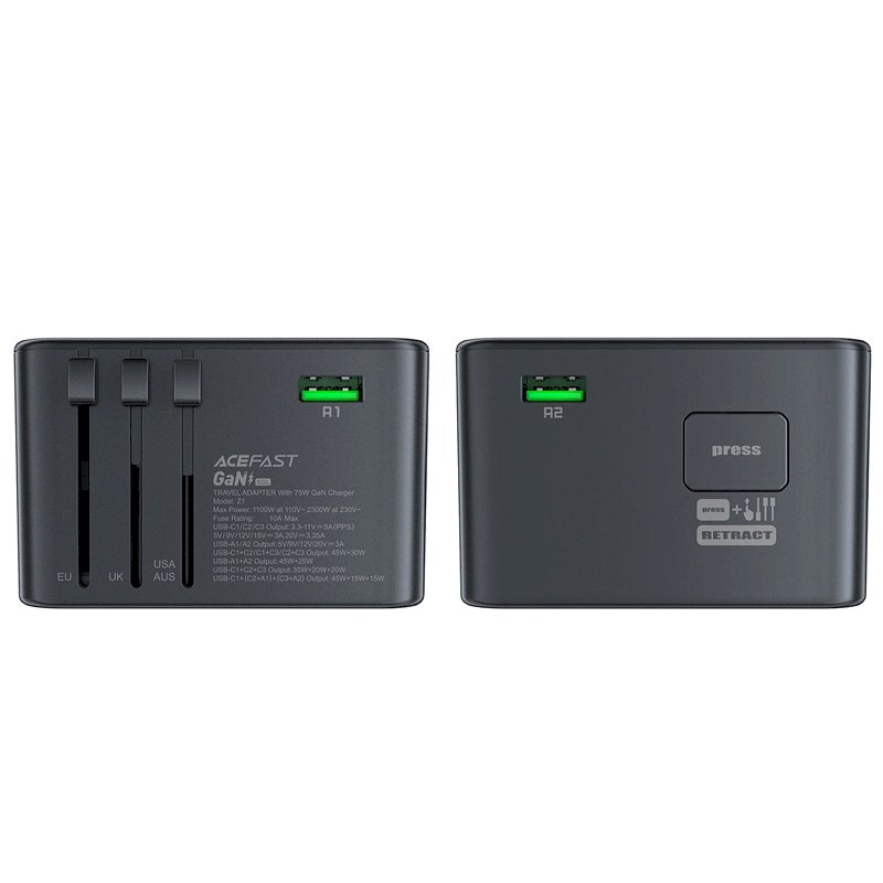 Acefast Z1 GaN 75W PD kelioninis įkroviklis, adapteris 3x USB-C + 2x USB-A – juodas 9 Acefast Z1 GaN 75W PD kelioninis įkroviklis, adapteris 3x USB-C + 2x USB-A – juodas 9